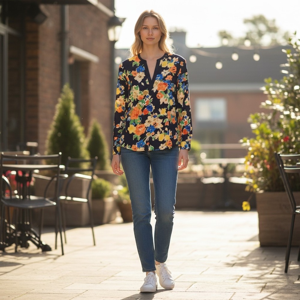 Lauren Ralph Lauren Split Neck L/S Floral Tunic Blouse Navy Womens Size 3X